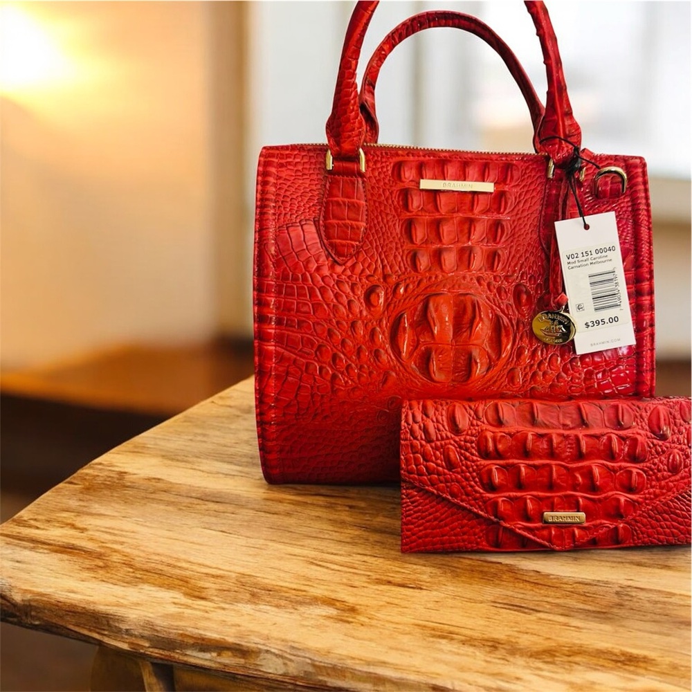 Brahmin Red Croc-Embossed Satchel and Wallet